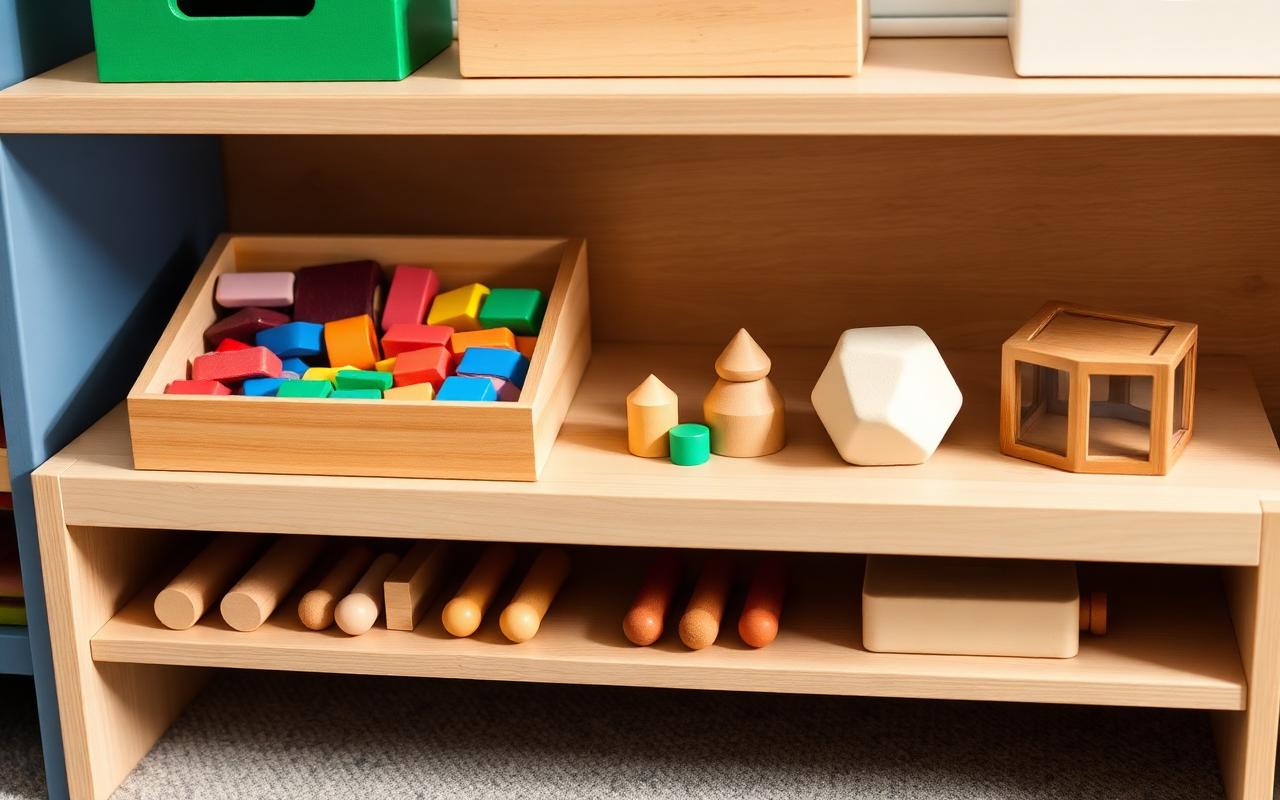 Authentic Montessori sensorial materials on a wooden shelf