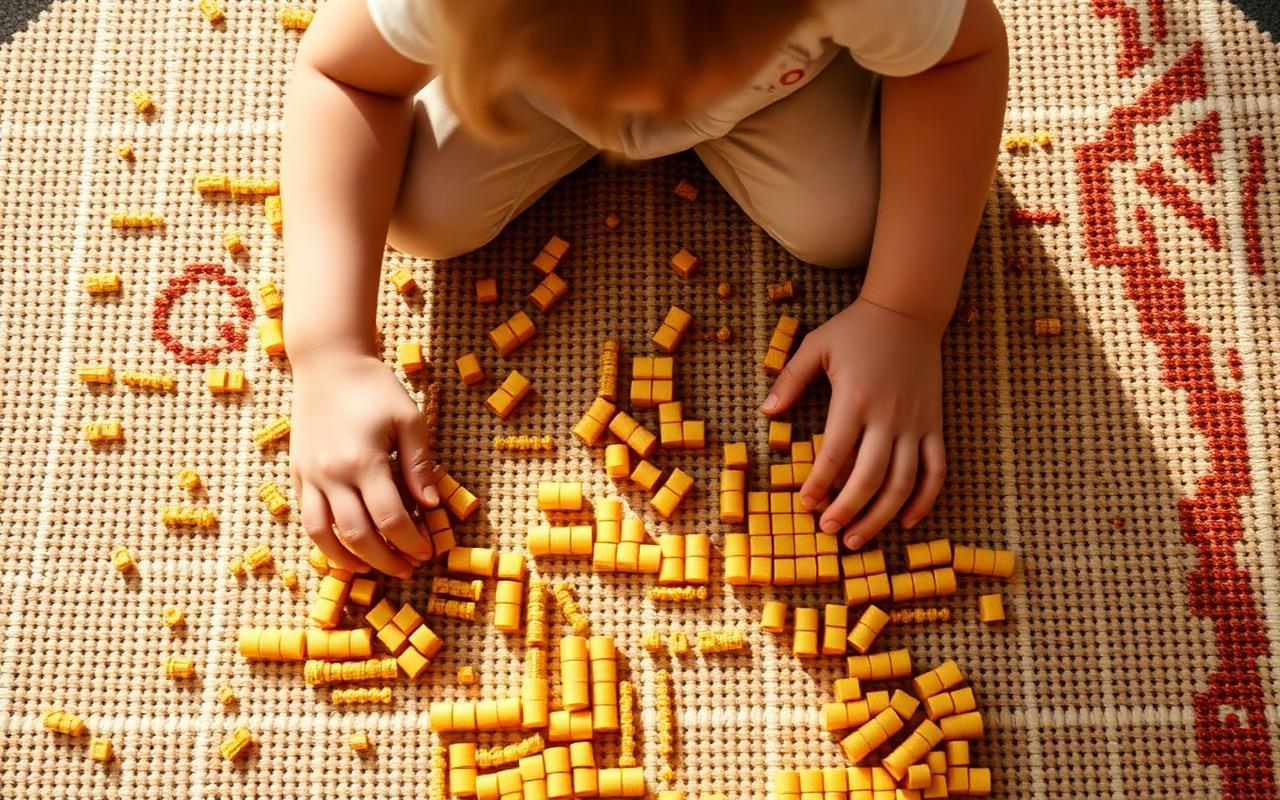 An Elementary-age child working with Montessori golden bead math material on a rug
