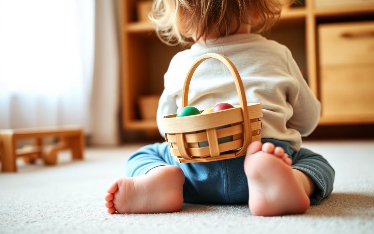 A toddler exploring a wooden treasure basket in a Nido-style Montessori room
