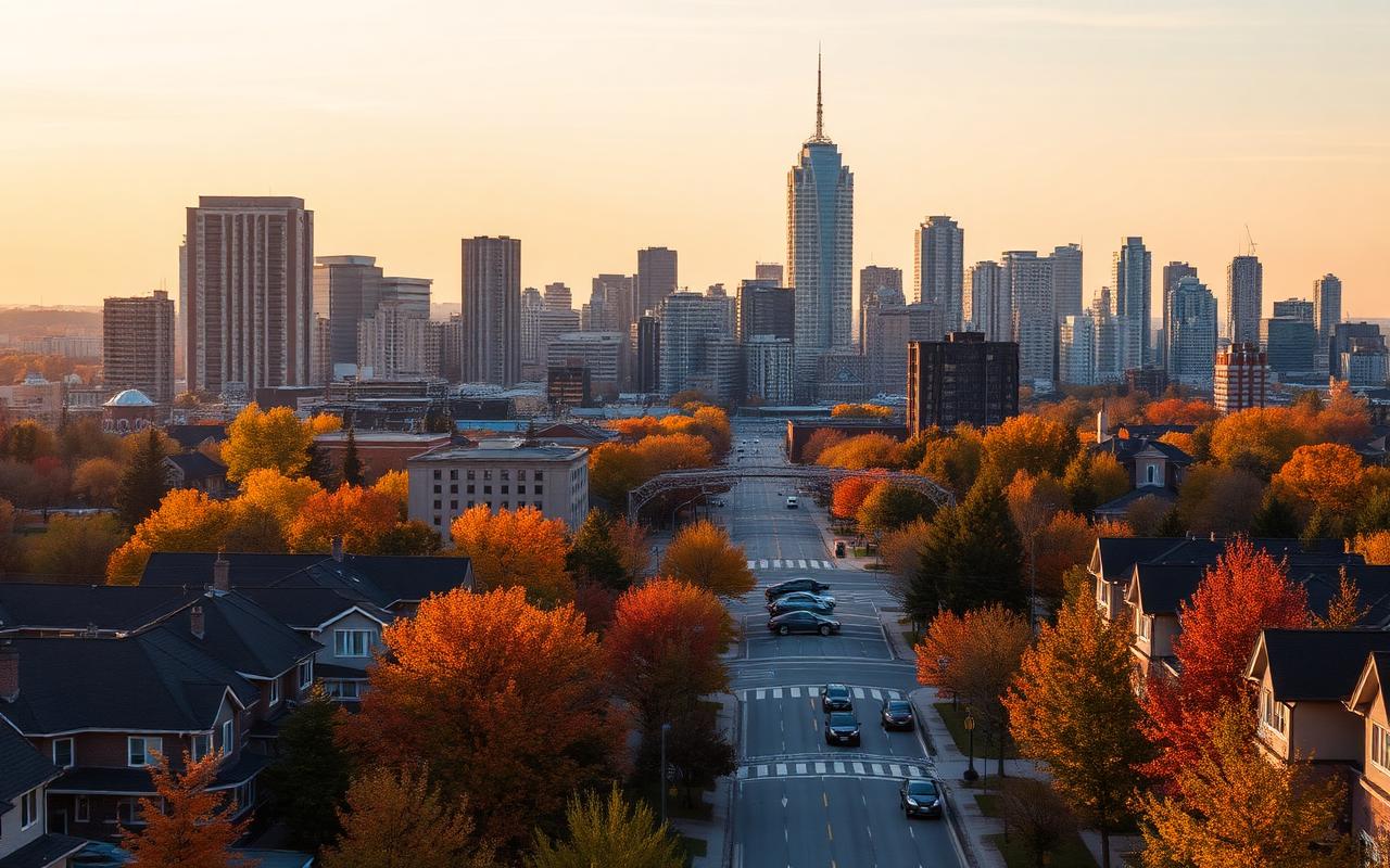 Mississauga downtown skyline with autumn trees