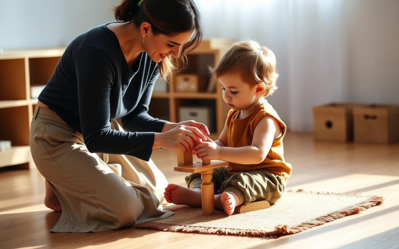 A Montessori guide kneeling at child height showing a wooden material to a young child