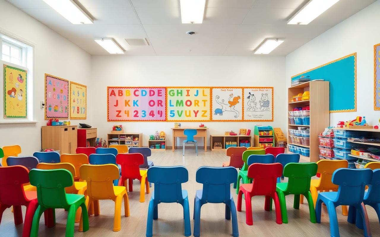 A traditional preschool classroom with rows of colourful plastic chairs and alphabet posters