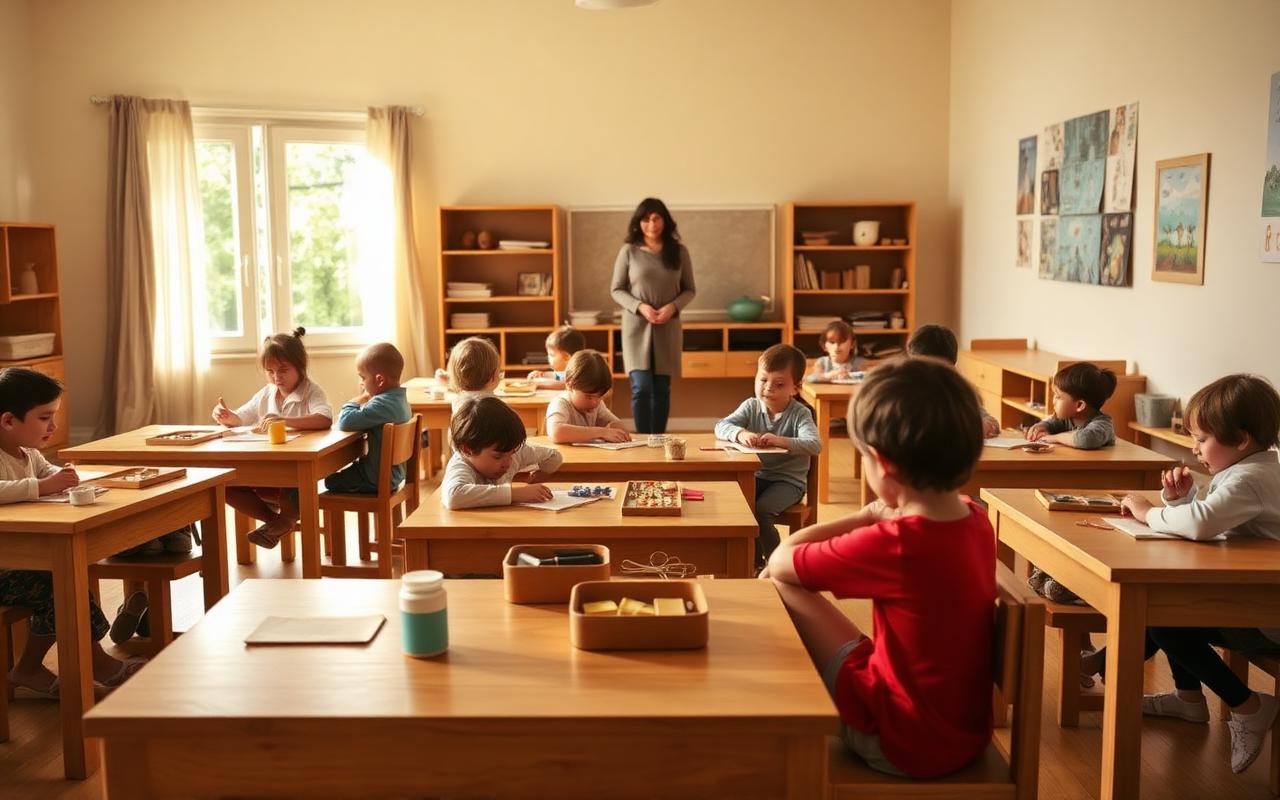 A peaceful Montessori work cycle with children focused on individual materials