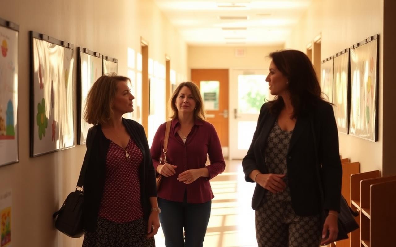 Parents touring a Montessori school hallway with the director